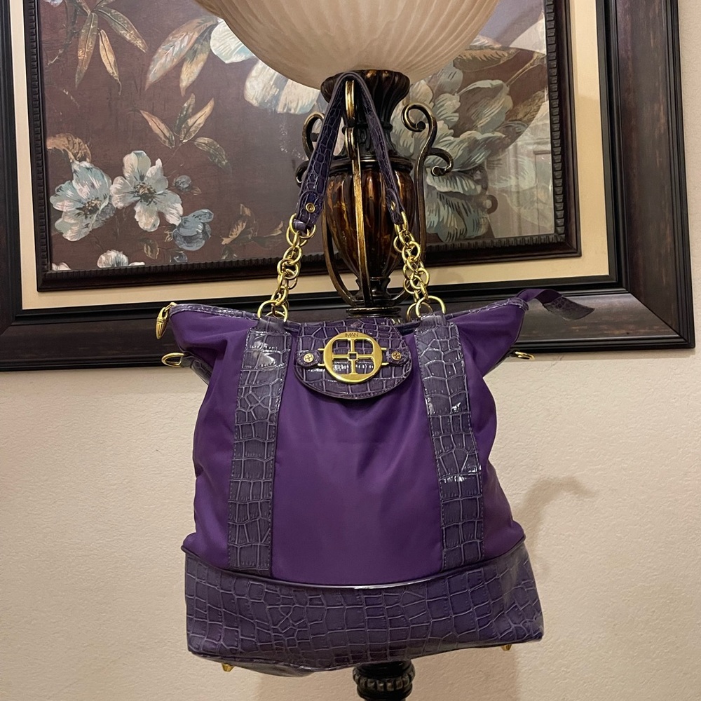 Purple Tote Bag with Croc-Trim and Gold Hardware